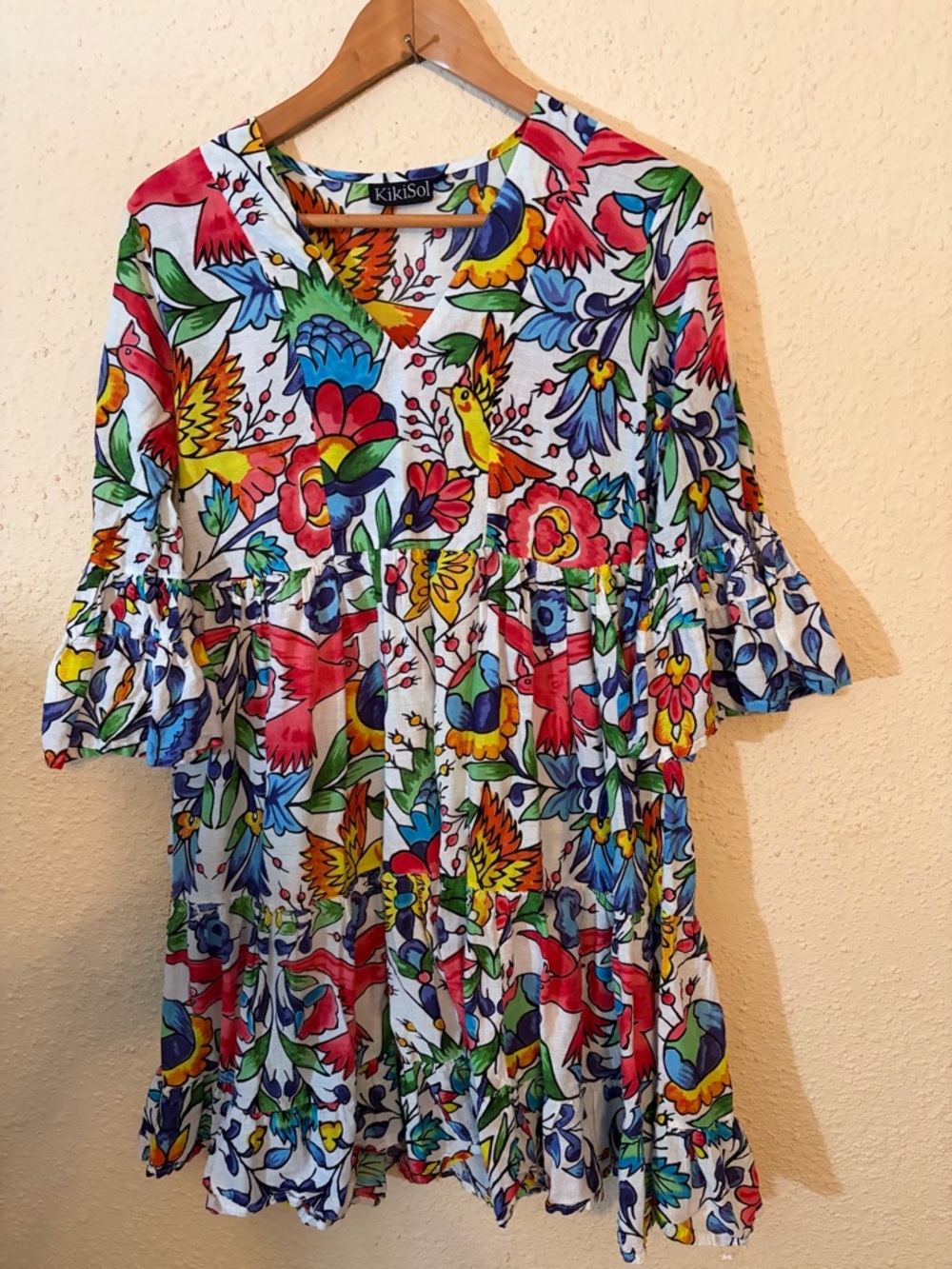 KIKISOL White Floral Multicolor Tiered Midi Dress